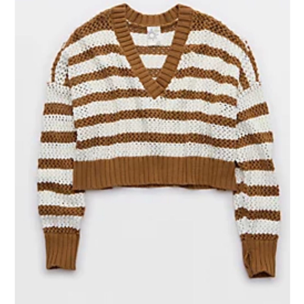 aerie OFFLINE Striped V-Neck Cropped Sweater - Brown and White